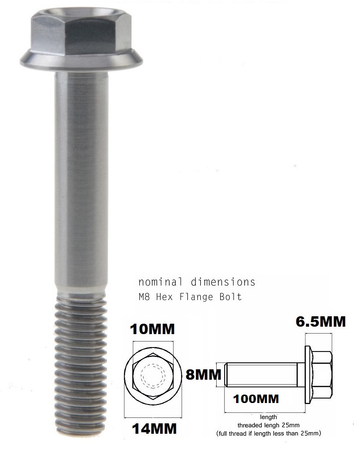 M8X100MM 1.25 THREAD PITCH TITANIUM FLANGE 10MM HEX BOLT GRADE 5